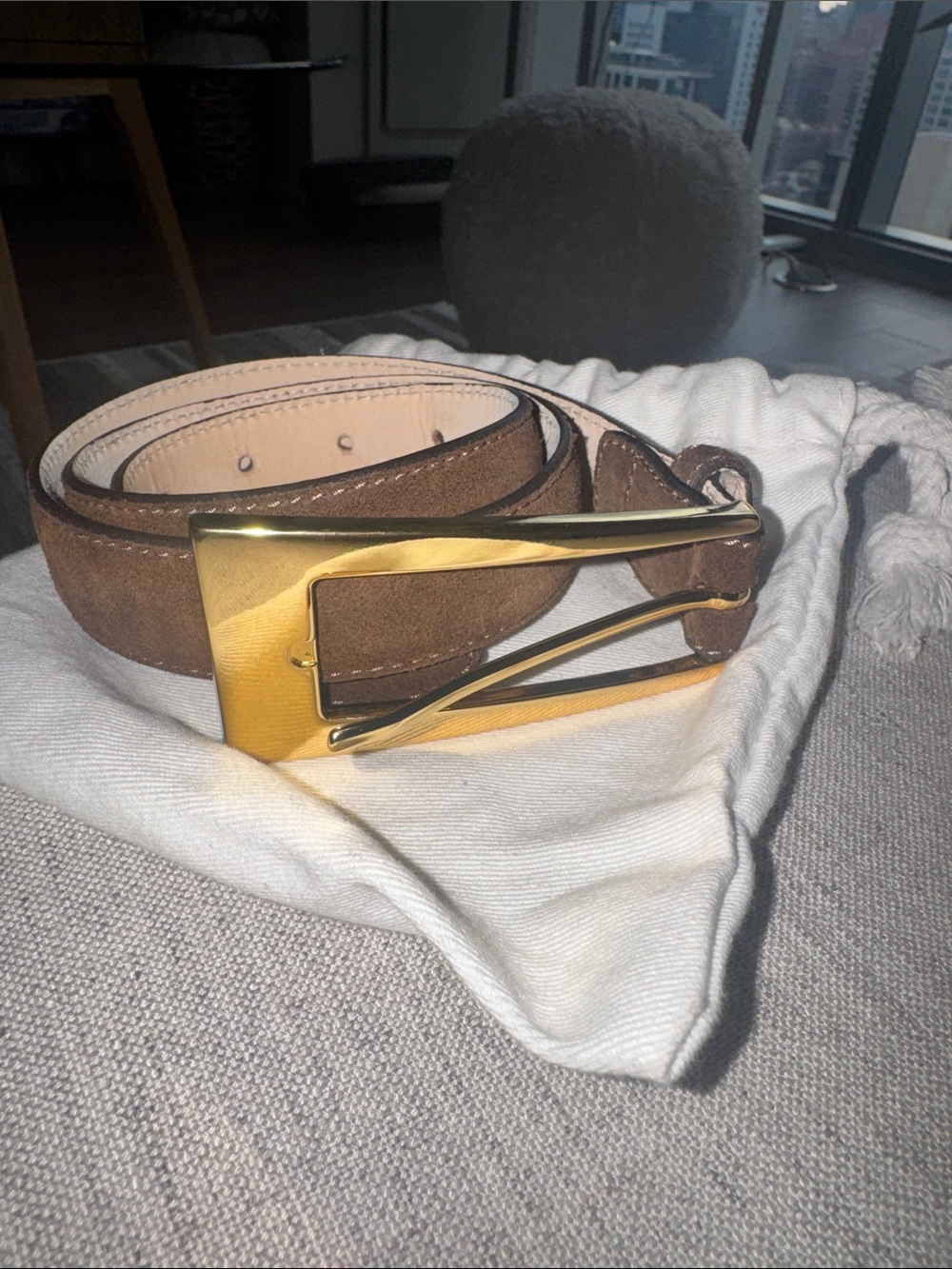 AUREUM Brown Suede Belt with Gold Buckle